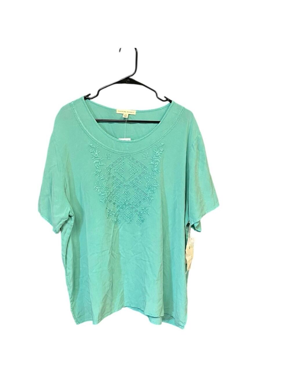 Farmers Market Embroidered Rayon Top 2X Jade Green Short Sleeve NWT Boho Tee